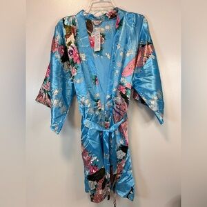 Meiyesida Peacock & Blossoms Printed Kimono Silk Blend Short Robe Size S/M
